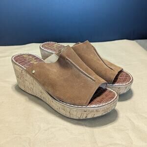 Sam Edelman Ranger Cork Suede Wedge Sandals Tan Brown Open Toe Womens 8 Wide